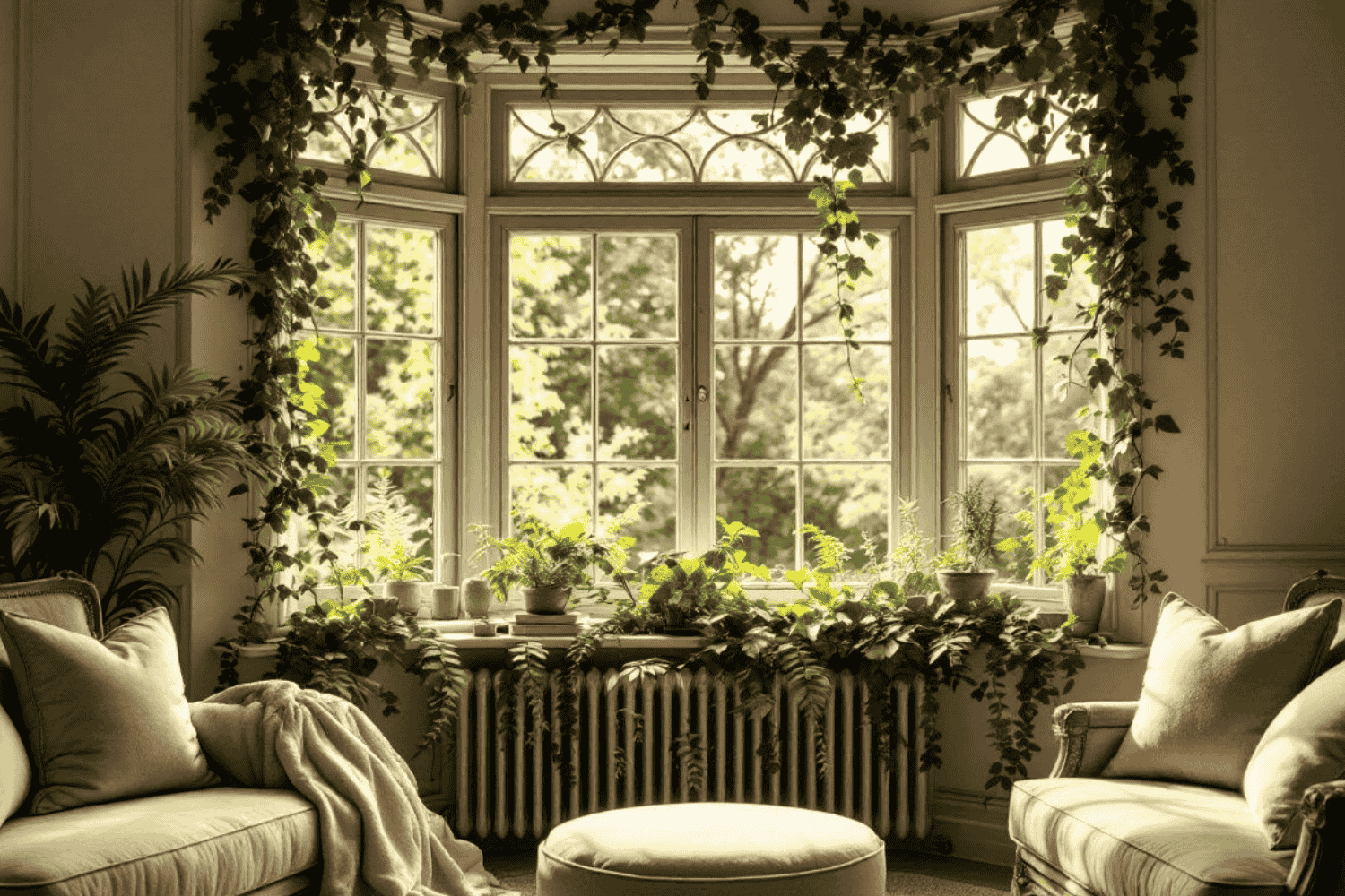 A stylish bay window in a cozy living room, enhancing the space with natural light.