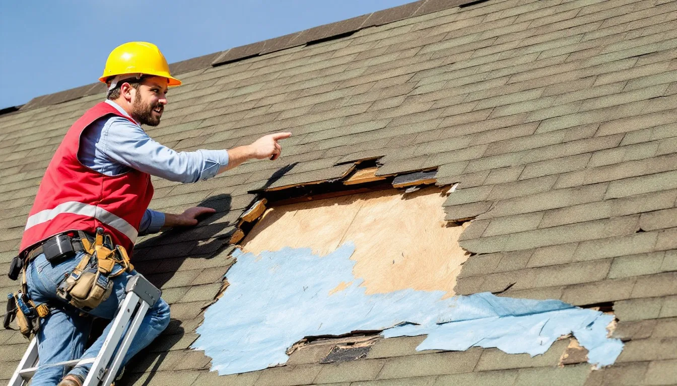 A roofing professional inspecting an asphalt shingle roof for damage.