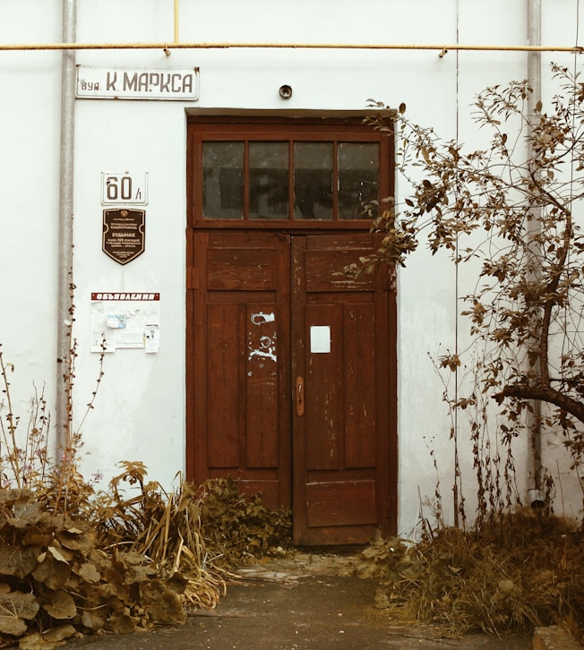 Weathered wooden double entry door