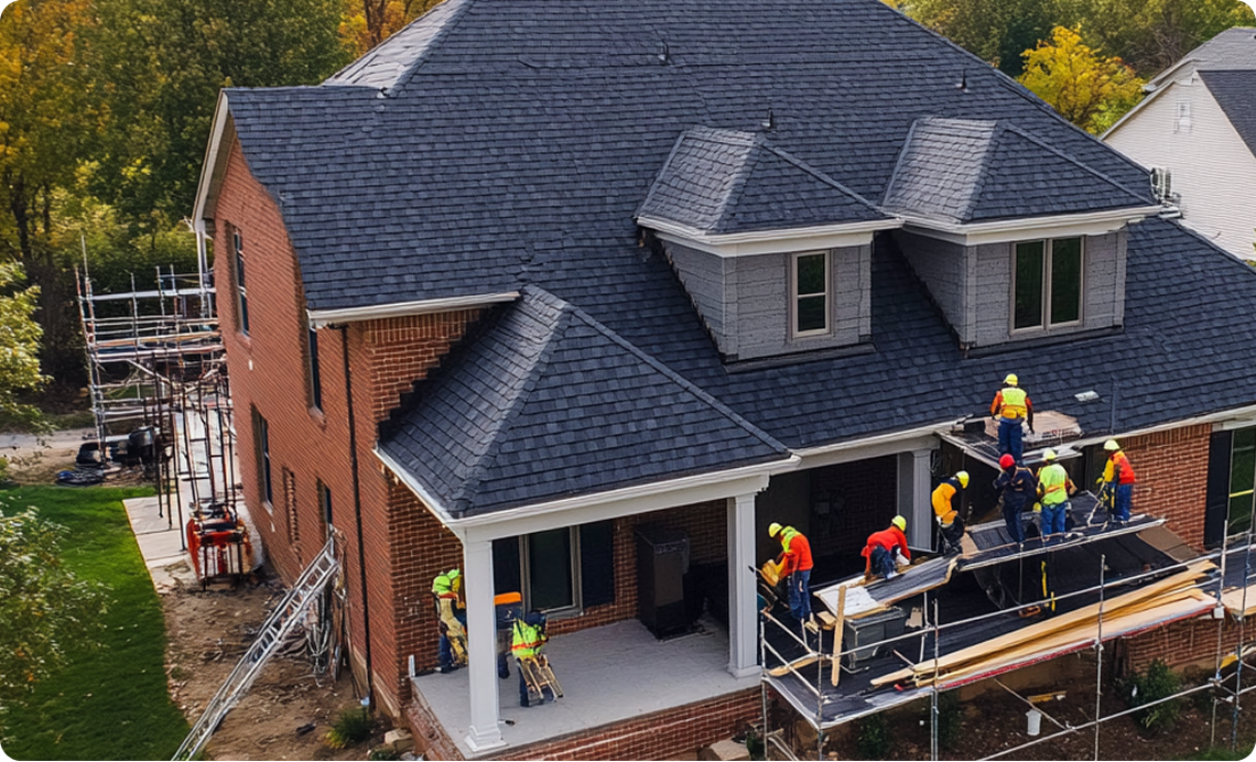 Aerial view of a roofing crew installing a new roof