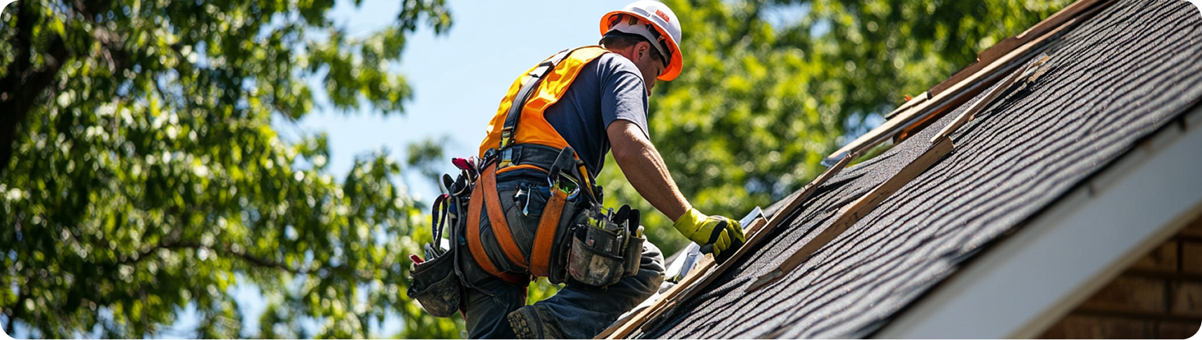 Roofer inspecting and repairing a residential roof