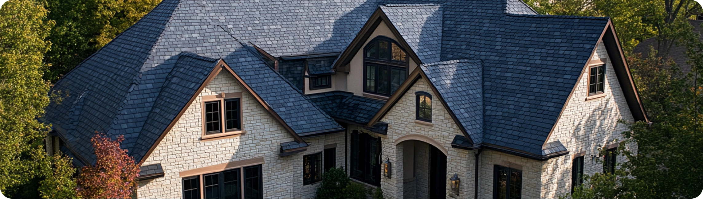Home with specialty stone-coated roofing material