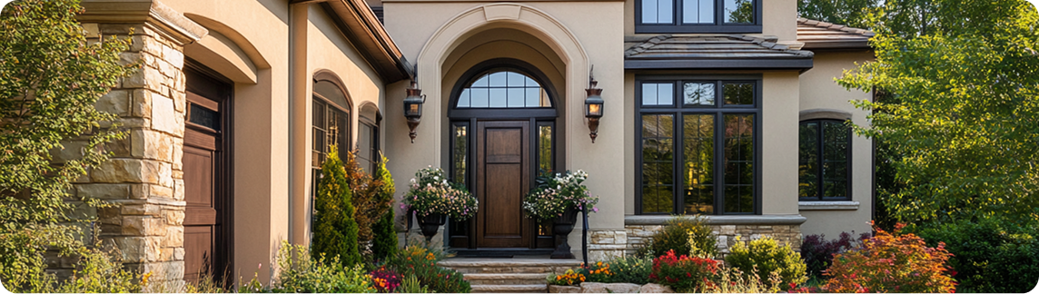 Home exterior with stucco and stone finishes